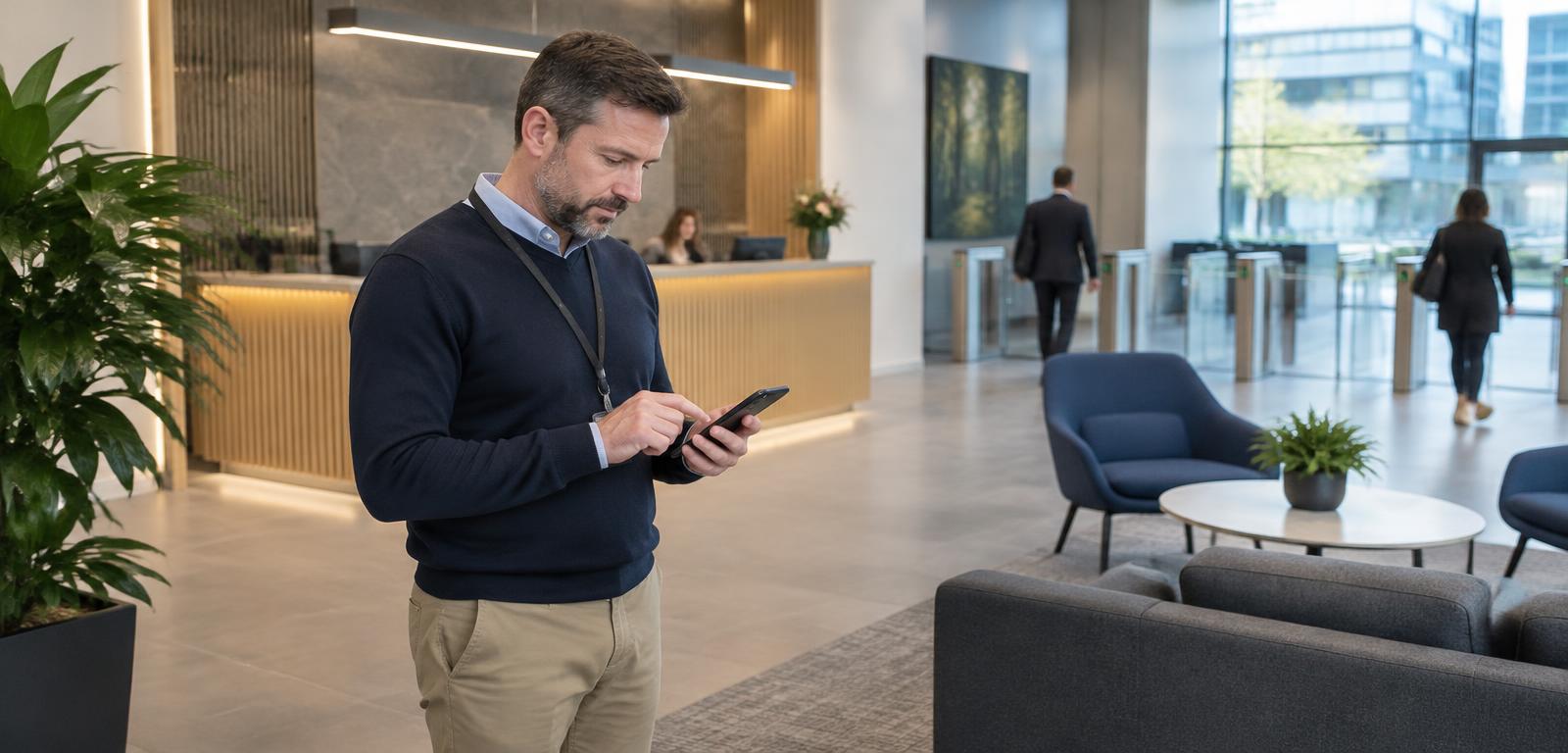 Facilities manager checking job status on a phone